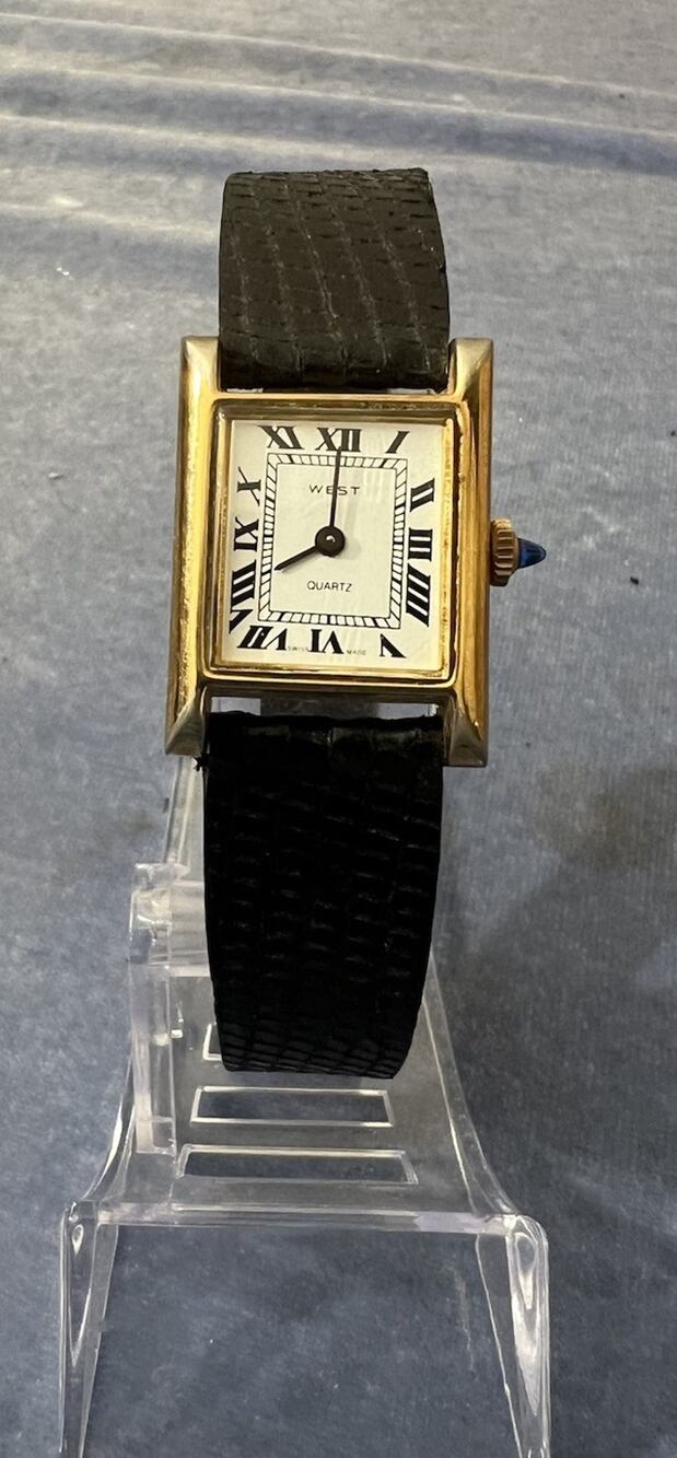 West Swiss Made Quartz Tank Watch 18K Gold Plated Lizard Strap Needs Battery
